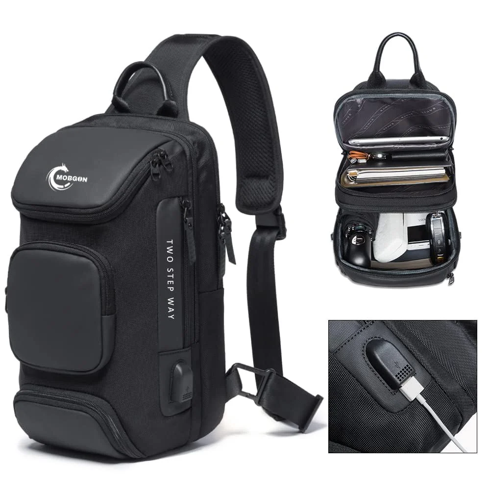 Mobigon Laptop Sling Backpack Anti Theft Bag, Hiking Daypack 13 Inch Fits iPad - Tablet 7 to 9.7 Inch Nylon Travel Bags for Men, Single Shoulder Camping Dayback with USB Charging Port - Black