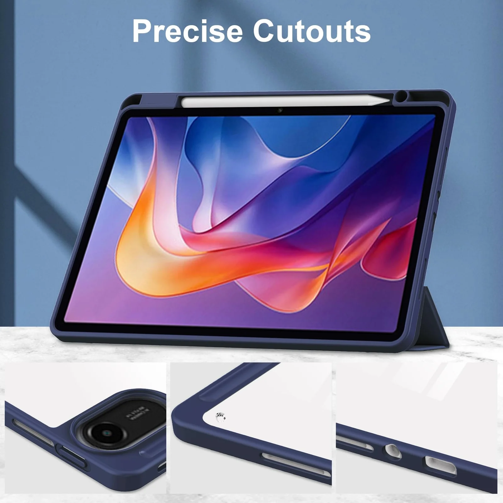 DL3 Mobilak Case for Xiaomi Redmi Pad 2 2025 11 inch with Built-in Pencil Holder, Clear Transparent PC Back, Shockproof Tri-Fold Stand Tablet Cover, Auto Wake/Sleep - Dark Blue