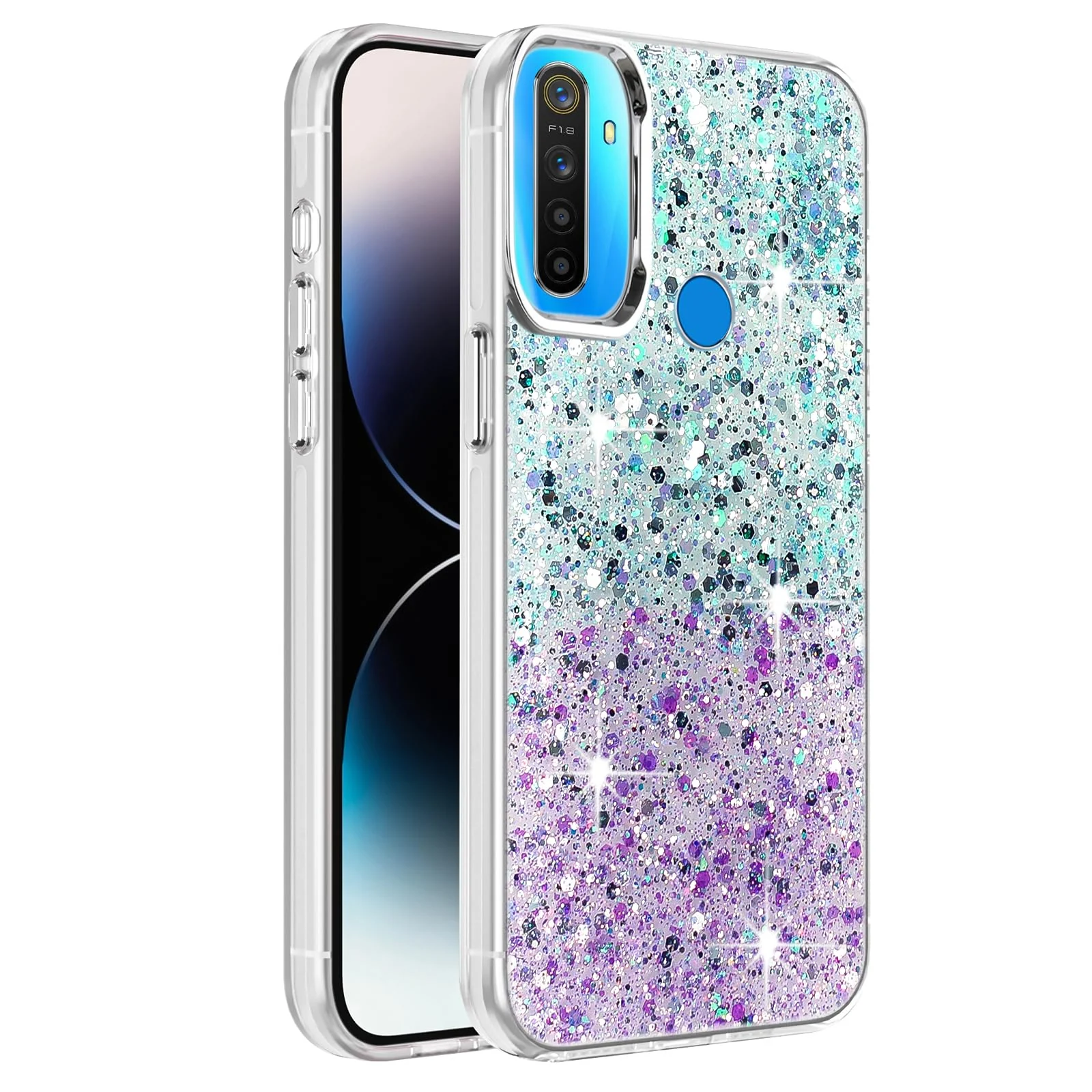 DL3 Mobilak Glitter Protective Case for OPPO realme 5 / 5s / 5i / 6i / C3 / Narzo 10A, Supports wireless charging, Camera protection, Shock-absorbing protection - Green Purple