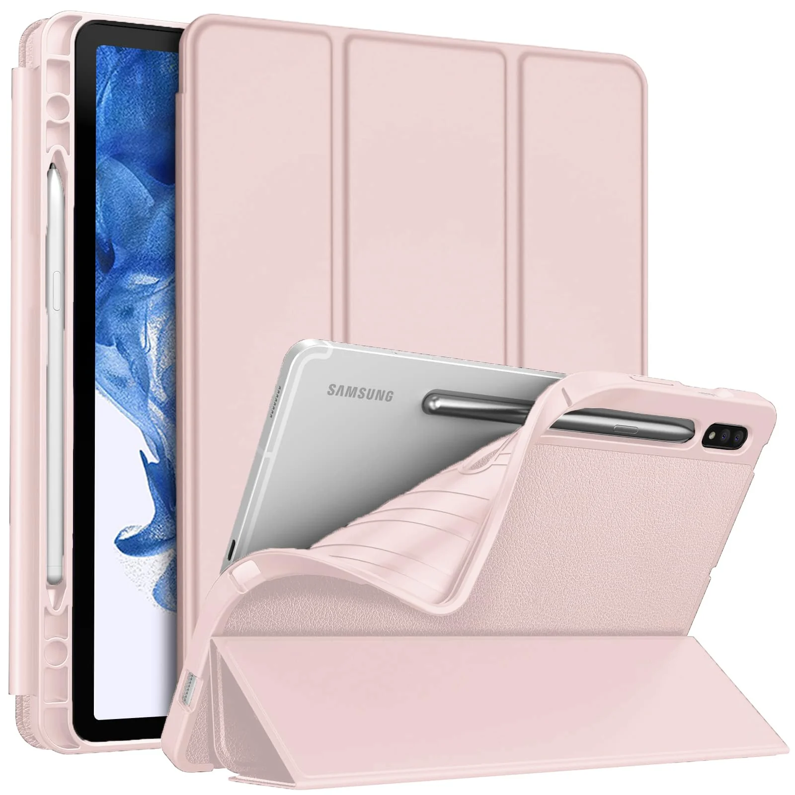 DL3 Mobilak Smart Case for Samsung Galaxy Tab S8 2022/Tab S7 2020 11 Inch (Model SM-X700/X706/T870/T875) with Pencil Holder, Soft TPU Smart Stand Back Cover Auto Wake/Sleep Feature - Pink Sand