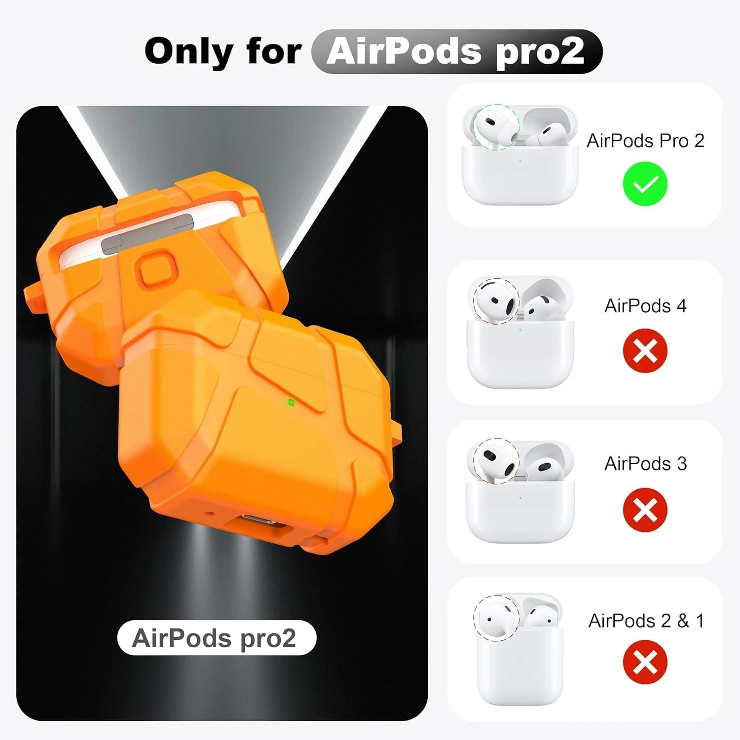 DL3 Mobilak AirPods Pro 1/2 Case, Shockproof Silicone Protective Case for Apple AirPod Pro 2nd/1st Generation, Hard Shell Design, Anti-Scratch, Front LED Light with Carabiner - Orange