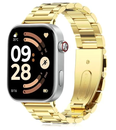 Dl3 Mobilak Metal Bracelet for Xiaomi Redmi Watch 6/5/4/6 Active/6 Lite/Smart Band 10 Pro/9Pro/8 Pro Replacement Strap, Stainless Steel Metal Women Men Replacement Watch Strap - Gold