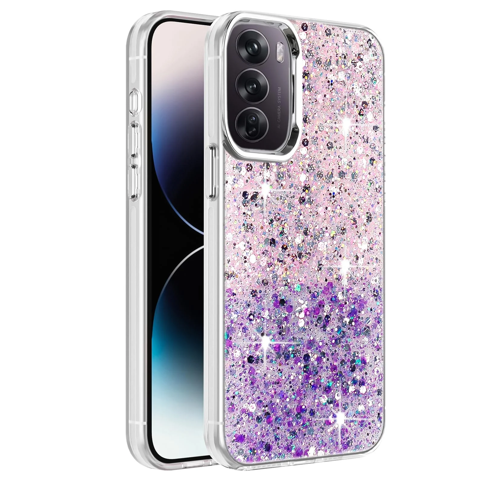 DL3 Mobilak Glitter Protective Case for OPPO Reno 12 Pro 5G (Reno12 Pro), Supports wireless charging, Camera protection, Shock-absorbing protection - Pink Purple