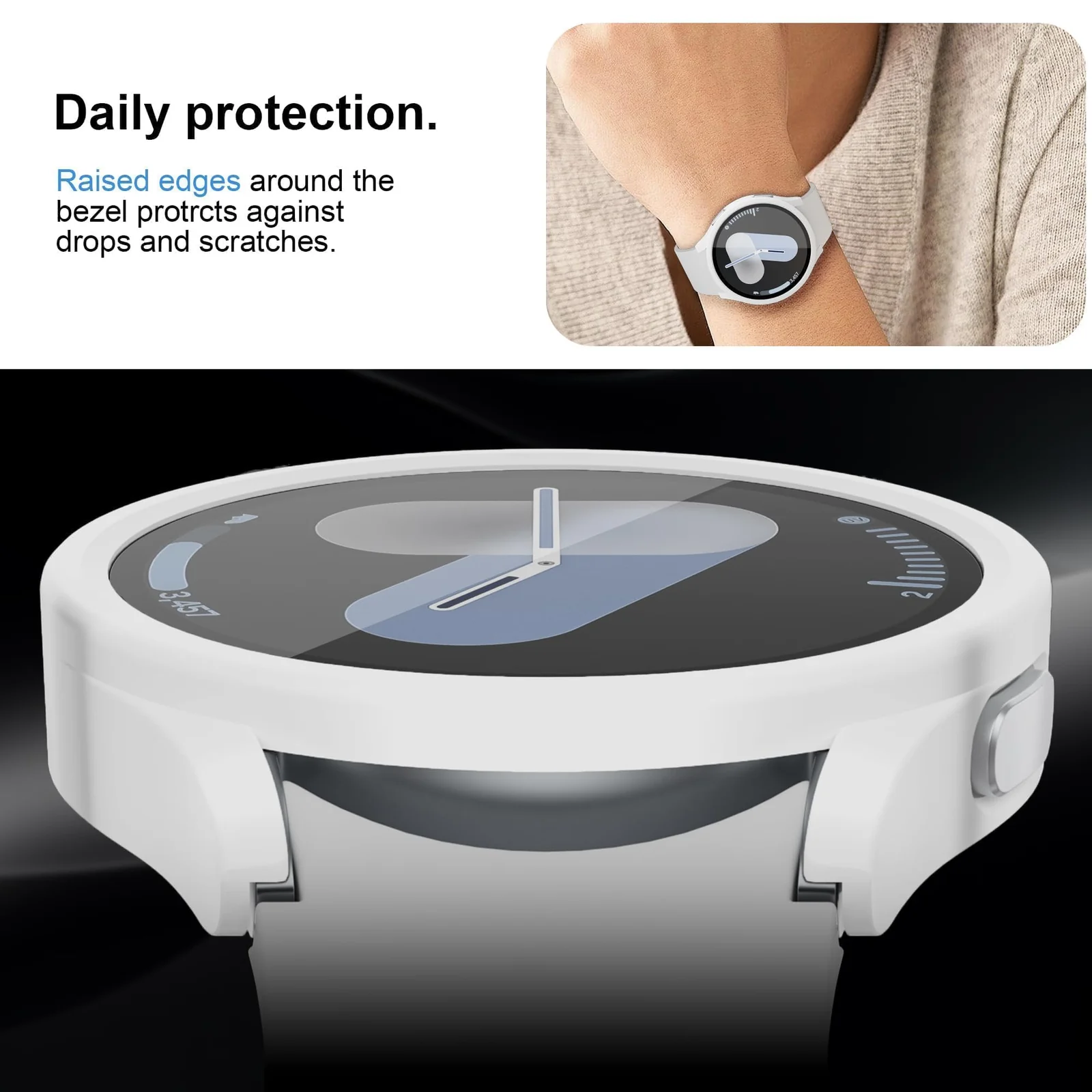 DL3 Mobilak Case with Screen Protector for Samsung Galaxy Watch 7 44mm, Bumper Full Coverage Hard PC Overall Protective Cover, Built-in Tempered Glass Film High Sensitivity - White
