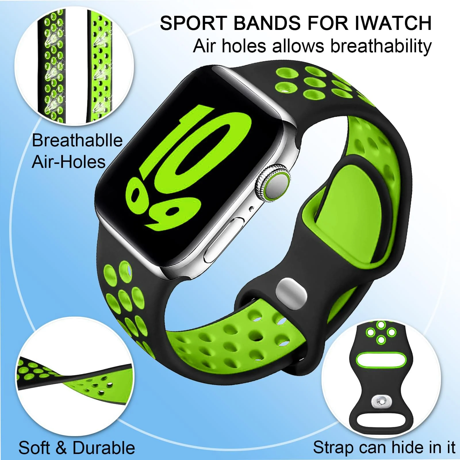 DL3 Mobilak Sport Strap For Apple Watch 49mm 45mm 44mm 42mm 41mm 40mm 38mm, Breathable Silicone Double Hole Band, for iWatch Ultra 2 Series 9 8 7 6 5 4 3 SE (&, 38mm/40mm/41mm) - Black & Green