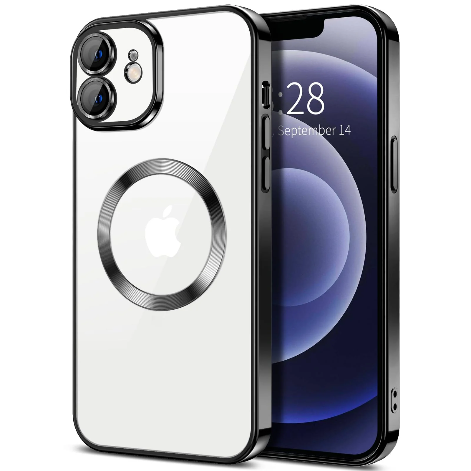 DL3 Mobilak Clear Case for iPhone 12 6.1-Inch with Built-in Camera Lens Protector, Slim Luxury Plating Edge Soft TPU Cover Protective, Transparent Case for Women Girls Men - Black