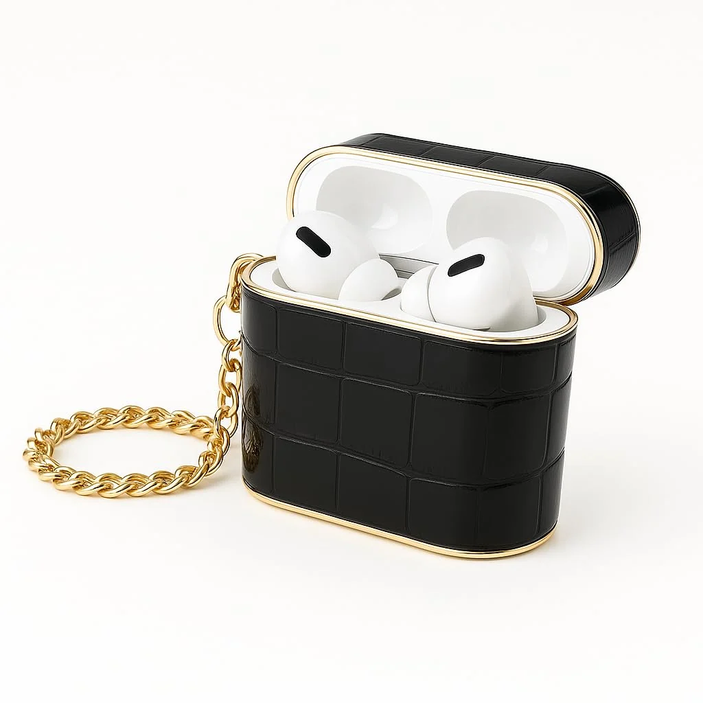 DL3 Mobilak Luxury AirPods Pro 1/2 Case with Gold Chain, Crocodile Pattern PU Leather Protective Cover for Apple AirPod Pro 2nd/1st, Shockproof, Stylish Gift for Women & Men - Elegant Black