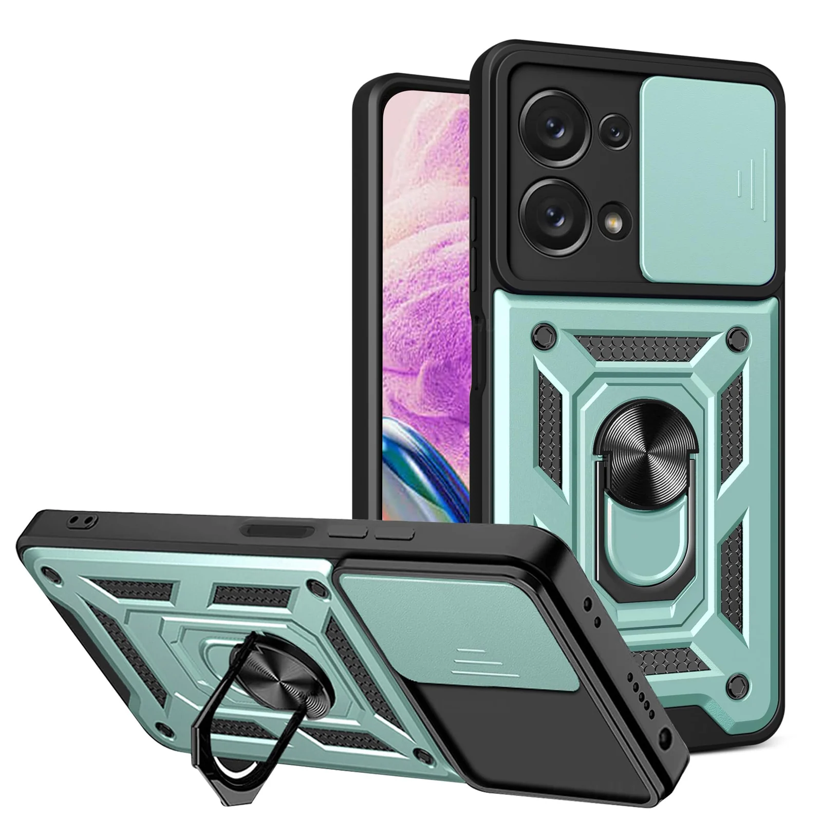 DL3 Mobilak Military-Grade Protective Case with Sliding Camera Cover, Metal Ring Kickstand and Magnetic Car-Mount Support for OPPO Reno 8 5G / Reno8 5G - Green