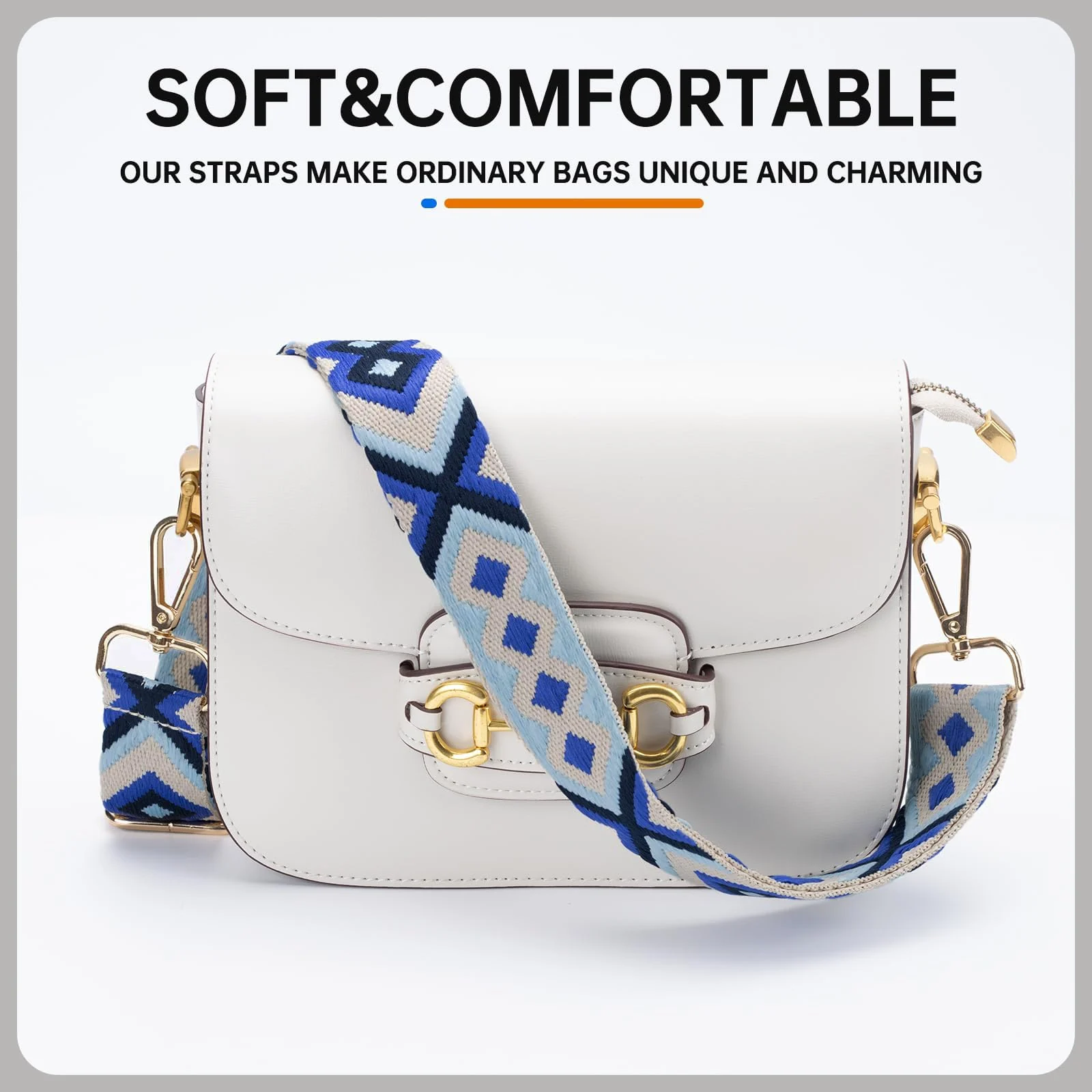 DL3 Mobilak Adjustable Wide Crossbody Bag Strap for Women, Replacement Shoulder Strap for Handbags, Totes & Purses with Elegant Embroidered Pattern and Metal Hooks - Blue Gold