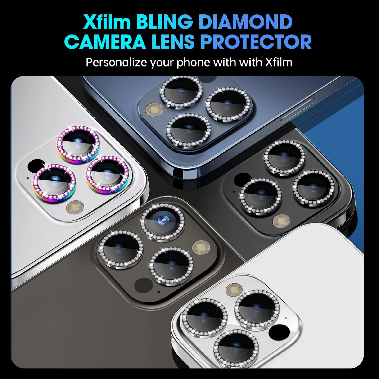 DL3 Mobilak Camera Lens Protector For iPhone 15 Pro/iPhone 15 Pro Max, [Keep Original Shooting] Tempered Glass Screen Protector Metal Individual Camera Cover, Case Friendly - Diamond Colorful