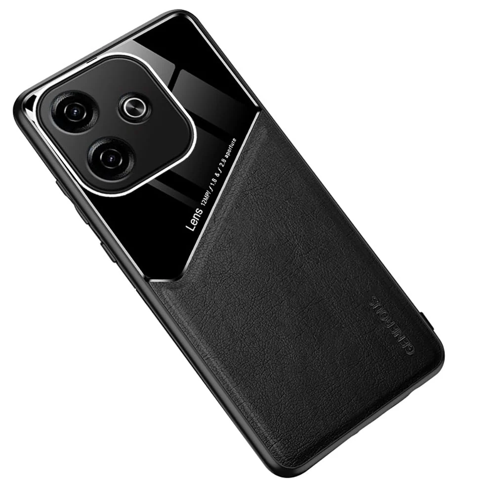 DL3 Mobilak Magnetic Car-Mount Case for Xiaomi Redmi 13 4G / 5G / Poco M6 4G, Ultra-Thin Soft TPU Frame, Back Leather Mixed Double+Plexiglass Protective with Camera Protection - Black