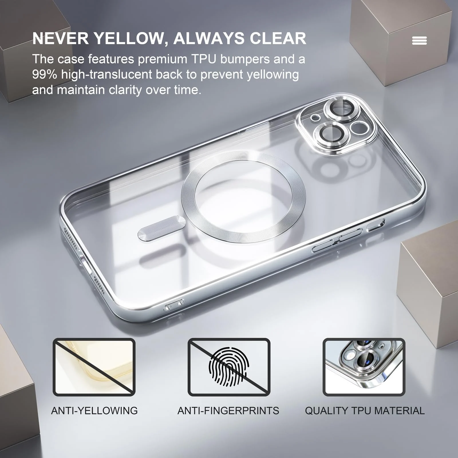 DL3 Mobilak Plated-Edge Protective Case for iPhone 15 6.1-Inch, Compatible with MagSafe accessories, Supports wireless charging, Camera protection - Silver