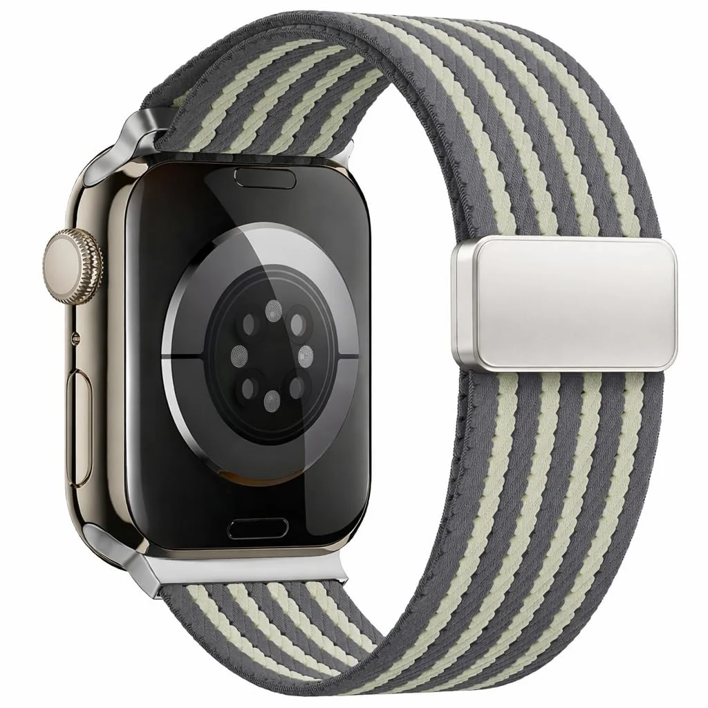 DL3 Mobilak Sport Solo Loop Compatible with Apple Watch Band 42mm 44mm 45mm 46mm 49mm for Women Men, Magnetic Strap Stretchy Braided Wristband for iWatch Series 11 10 9 8 7 6 5 4 3 Ultra 3 2 1 SE SE2 - Gray Striped