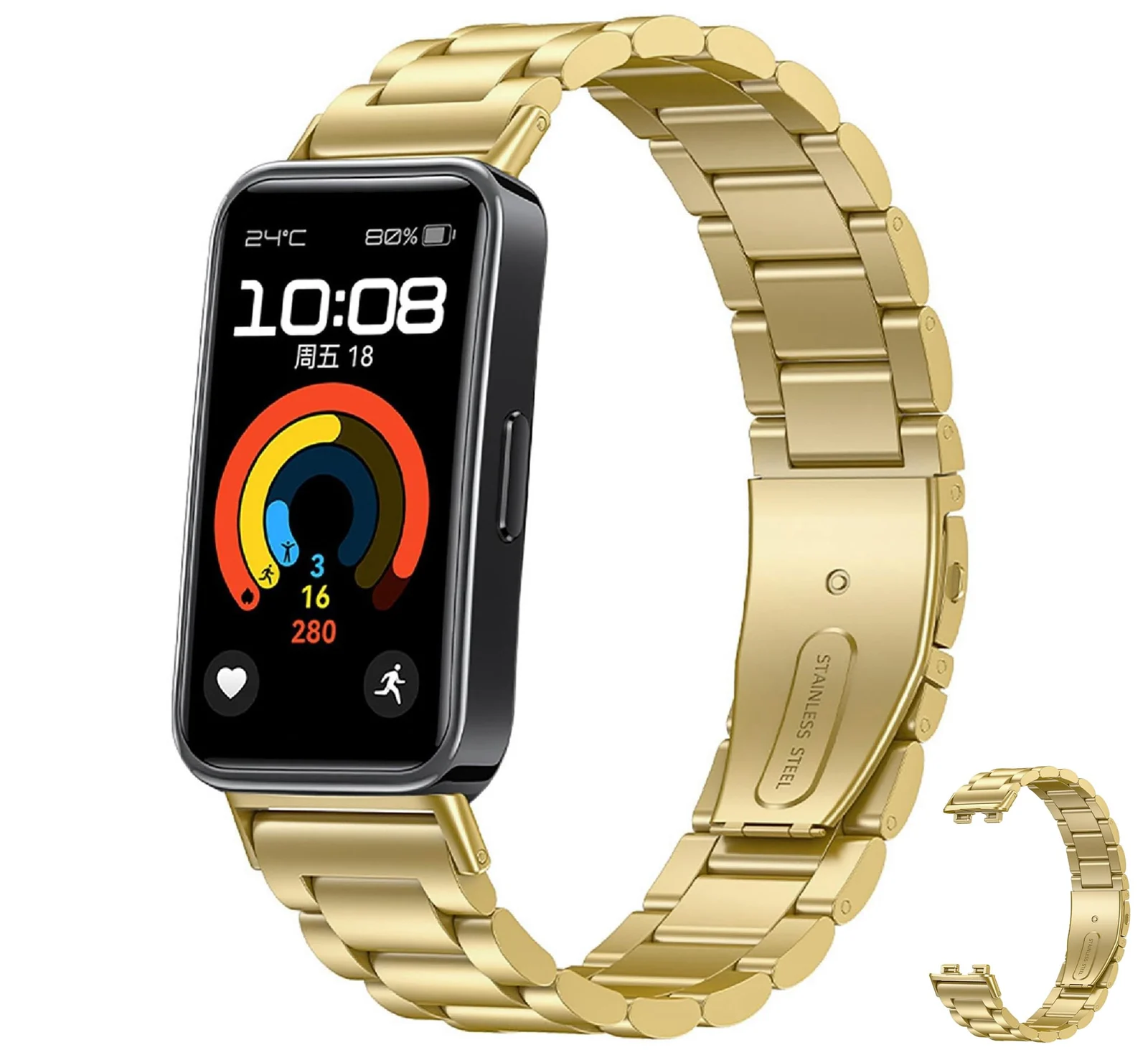 Dl3 Mobilak Metal Strap Compatible with HUAWEI Band 10 / HUAWEI Band 9 / HUAWEI Band 8, Stainless Steel Replacement Band with Folding Clasp, Adjustable Replacement Bracelet Wristband (A-Gold)