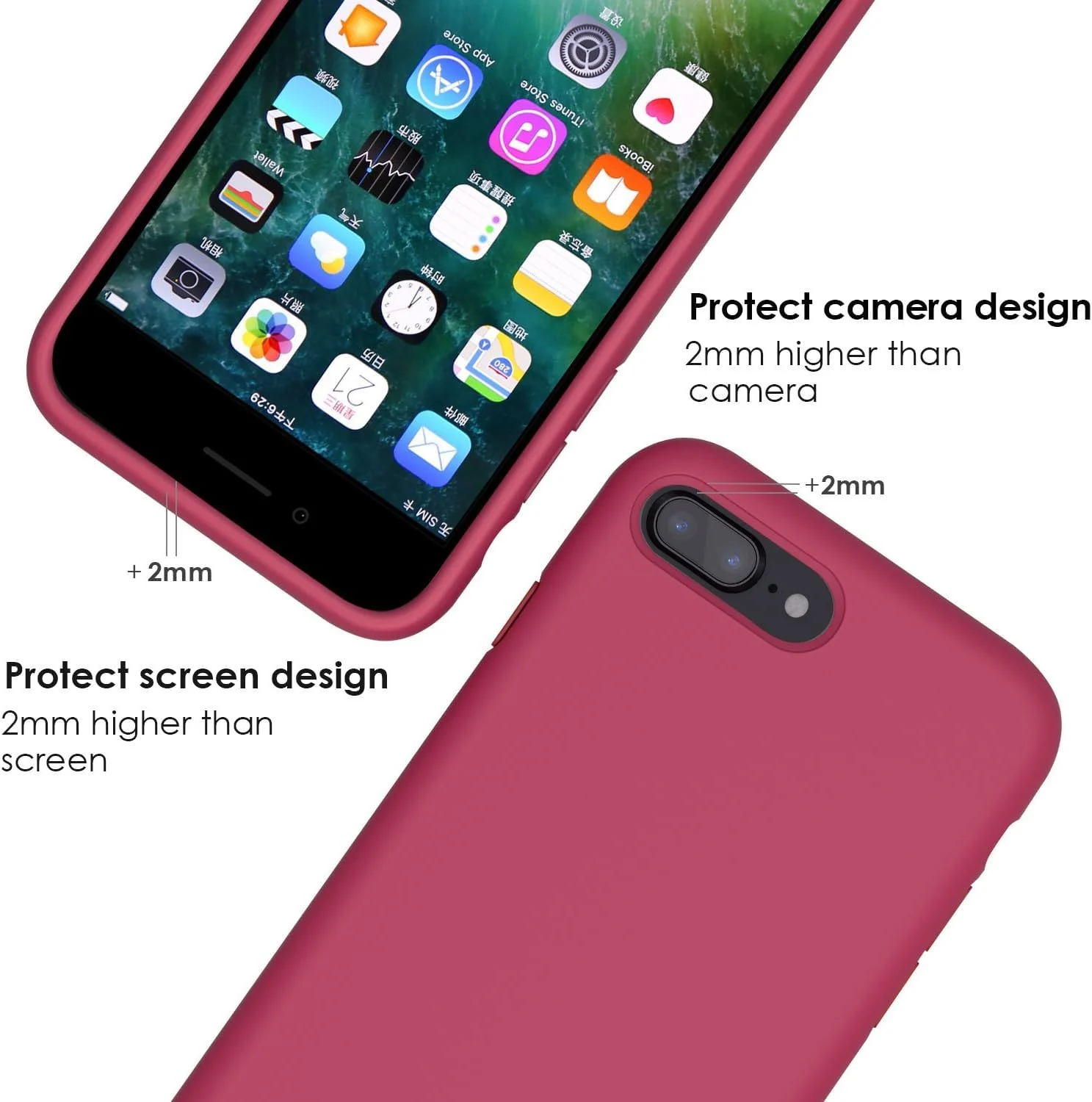 DL3 Mobilak Liquid Silicone Protective Case for iPhone 7 Plus / iPhone 8 Plus with Camera Protection and Microfiber Lining - Rose Red