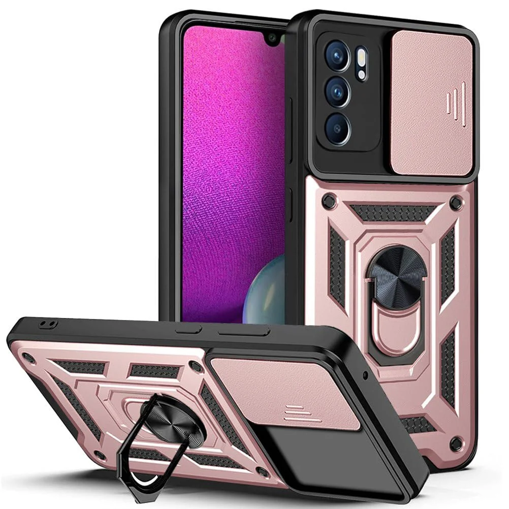 DL3 Mobilak Military-Grade Protective Case with Sliding Camera Cover, Metal Ring Kickstand and Magnetic Car-Mount Support for OPPO Reno 6 5G (Not 4G) - Rose Gold