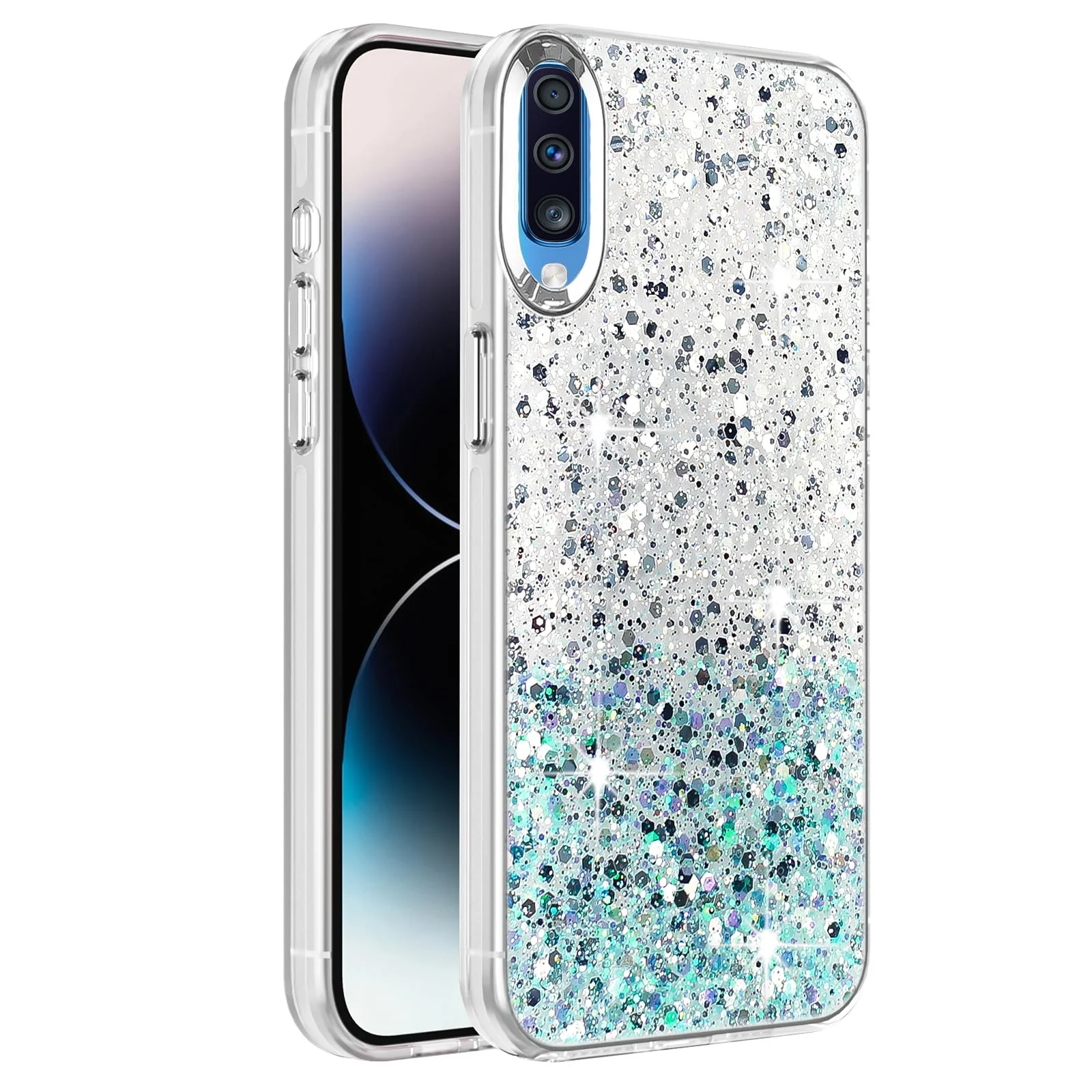 DL3 Mobilak Glitter Protective Case for Samsung Galaxy A70 / A70s, Supports wireless charging, Camera protection, Shock-absorbing protection - White Green