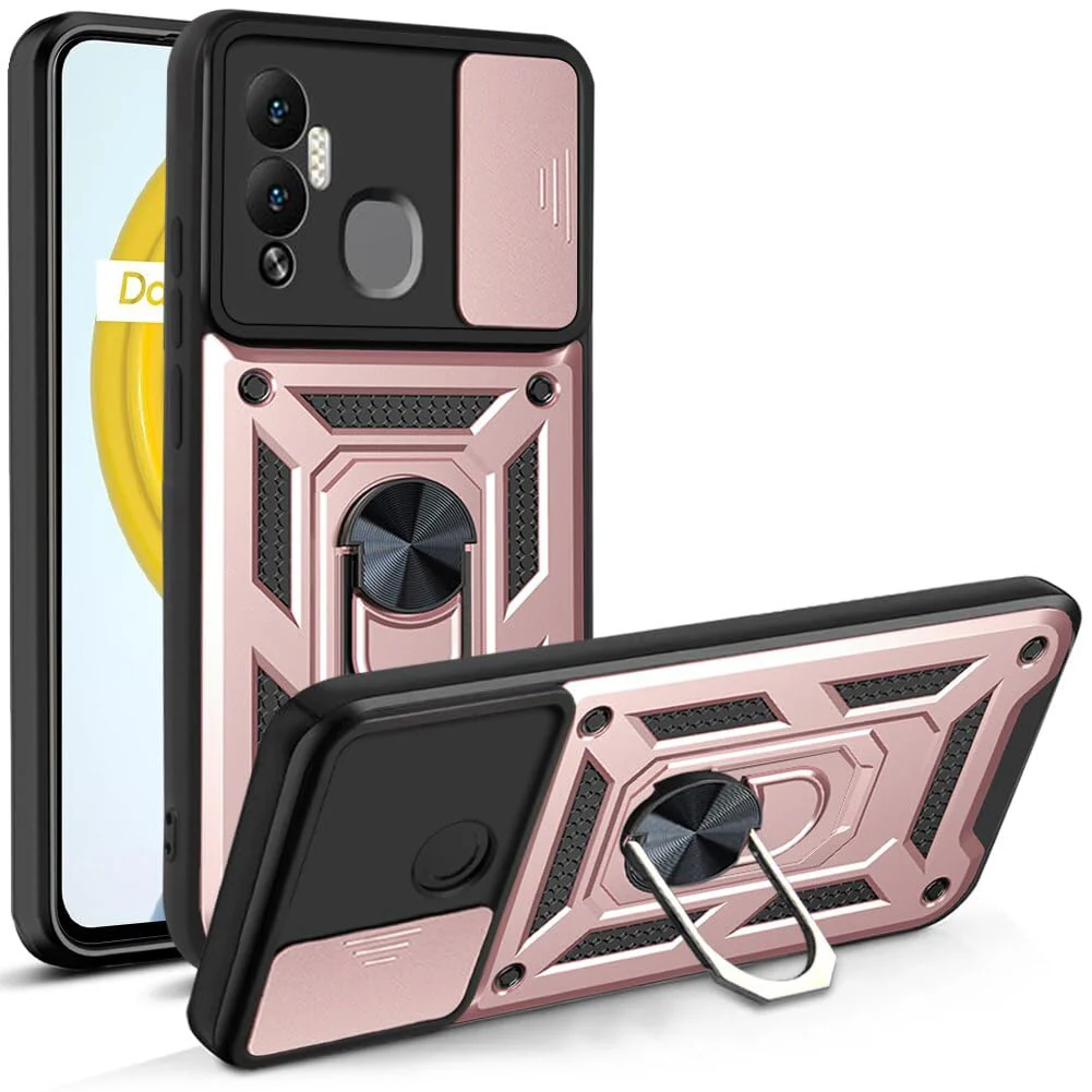 DL3 Mobilak Military-Grade Protective Case with Sliding Camera Cover, Metal Ring Kickstand and Magnetic Car-Mount Support for Infinix Hot 12 Play - Rose Gold