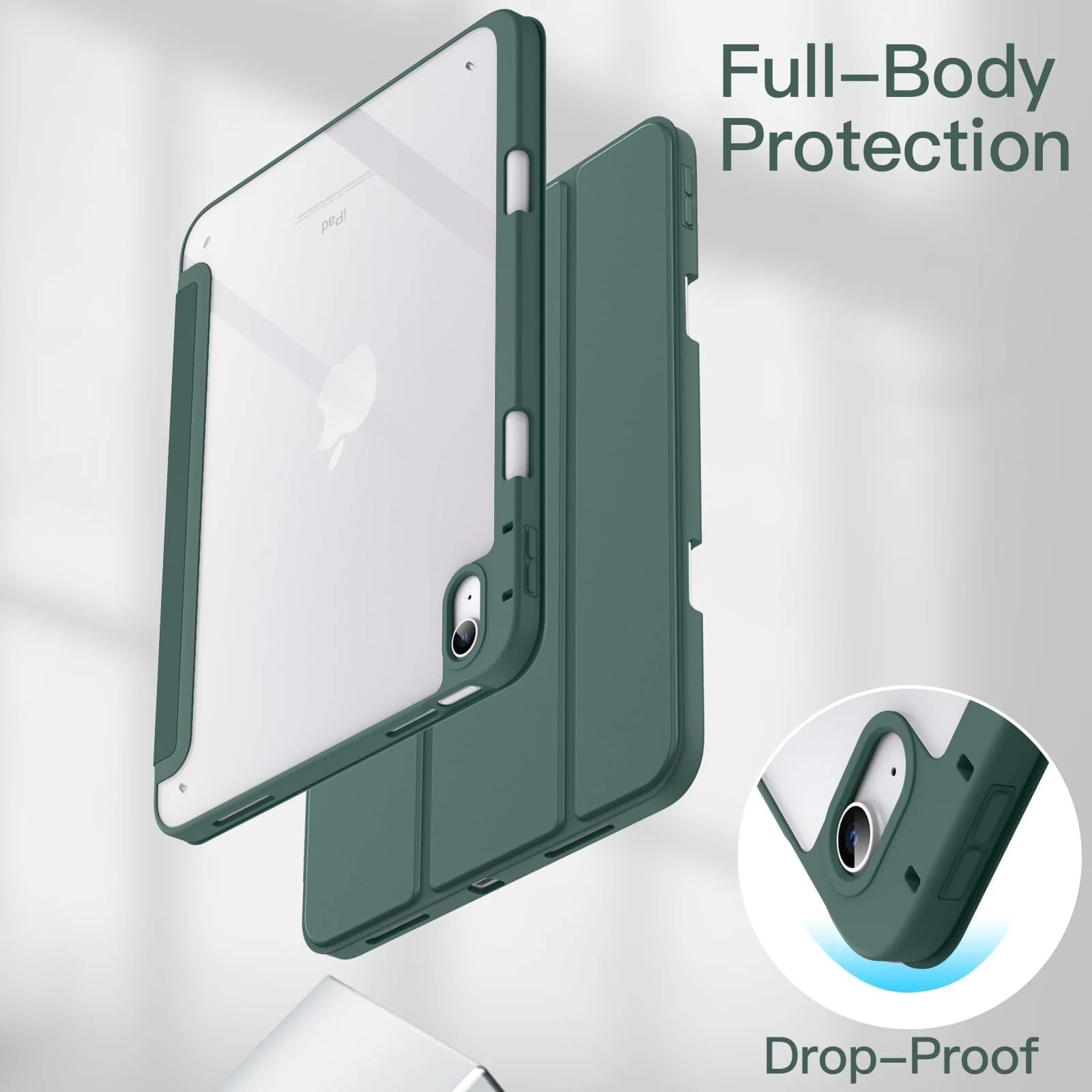 DL3 MOBILAK Case for For iPad Air 11-Inch M2 (2024), iPad Air 5/4 (2022/2020 5th/4th 10.9-Inch), Clear Shockproof Back Cover Built-in Pencil Holder,Auto Sleep/Wake - Green
