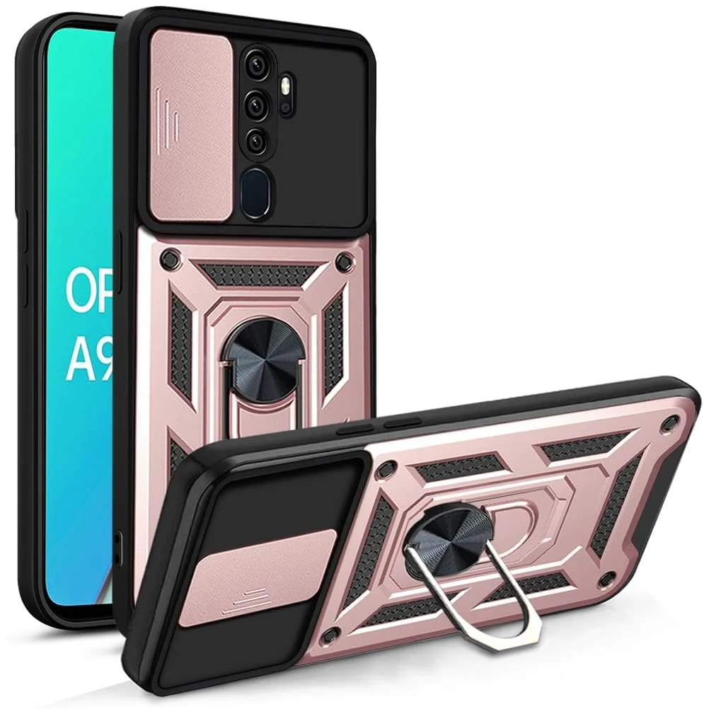 DL3 Mobilak Military-Grade Protective Case with Sliding Camera Cover, Metal Ring Kickstand and Magnetic Car-Mount Support for OPPO A9 2020 / OPPO A5 2020 - Rose Gold