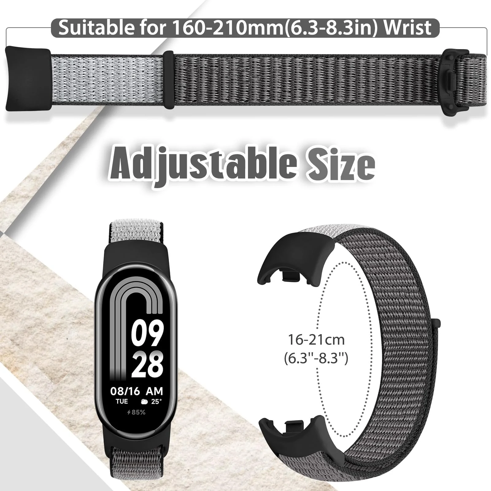 DL3 Mobilak Nylon Sport Band Compatible with Xiaomi Mi Band 10/9/8 for Women Men, Soft Adjustable Breathable Sport Loop Watch Strap Replacement Wristband for Xiaomi Smart Band 8/9/10 - Iron Gray