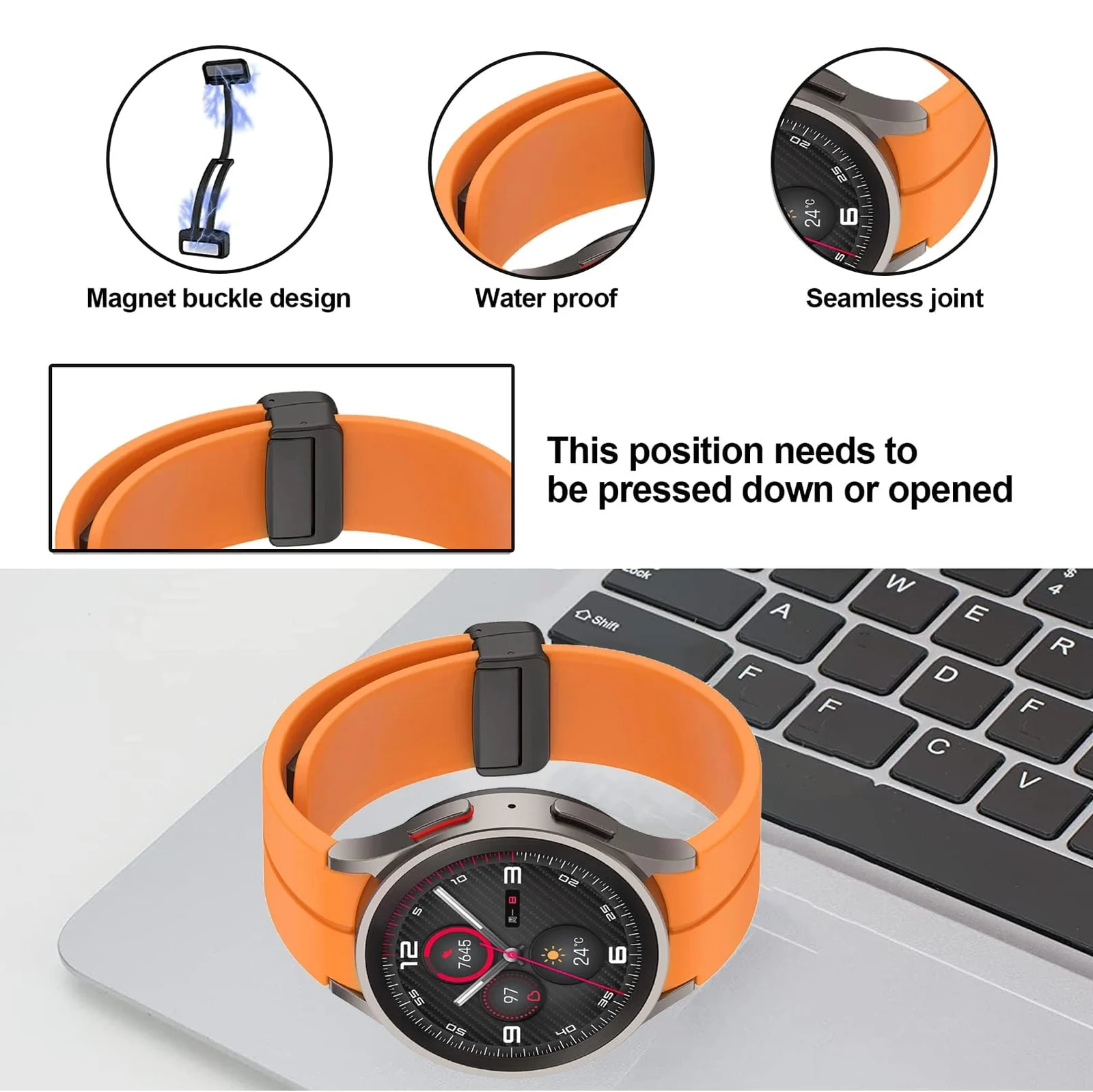 DL3 Mobilak Strap Compatible with Samsung Galaxy Watch 7 FE 6 5 4 Strap 40mm 44mm/Watch 6 Classic 43mm 47mm/5 Pro 45mm/4 Classic 42mm 46mm, No Gap Magnetic Clasp Silicone Band - Orange