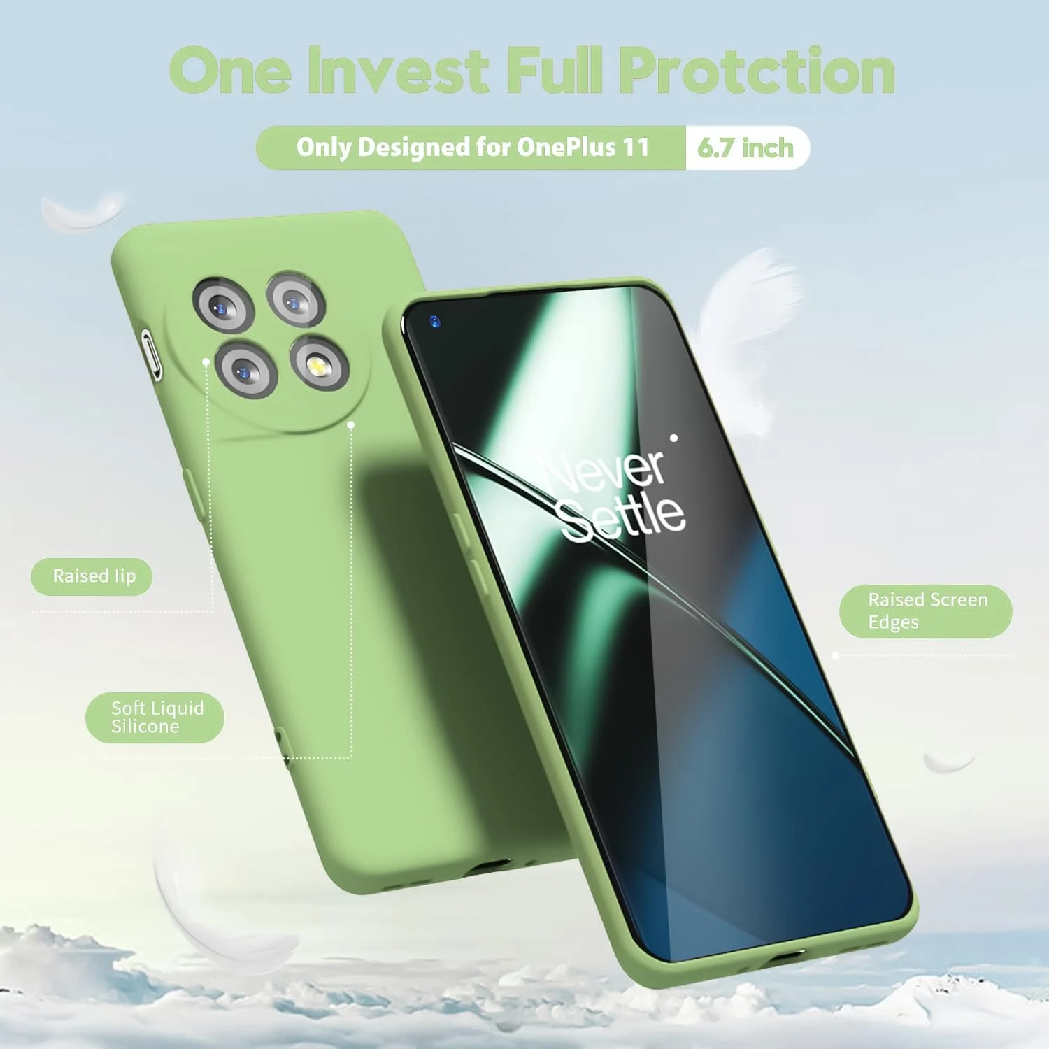 DL3 Mobilak Silicone Protective Case for OnePlus 11, Shock-absorbing protection, Built-in kickstand, Integrated ring holder - Mint Green
