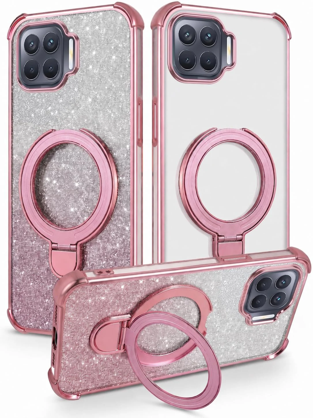 Mobigon Glitter Phone Case Compatible with OPPO A93 4G, Magnetic Ring Stand Shockproof Cover, Clear Soft TPU Bumper with Full Camera Protection - Pink