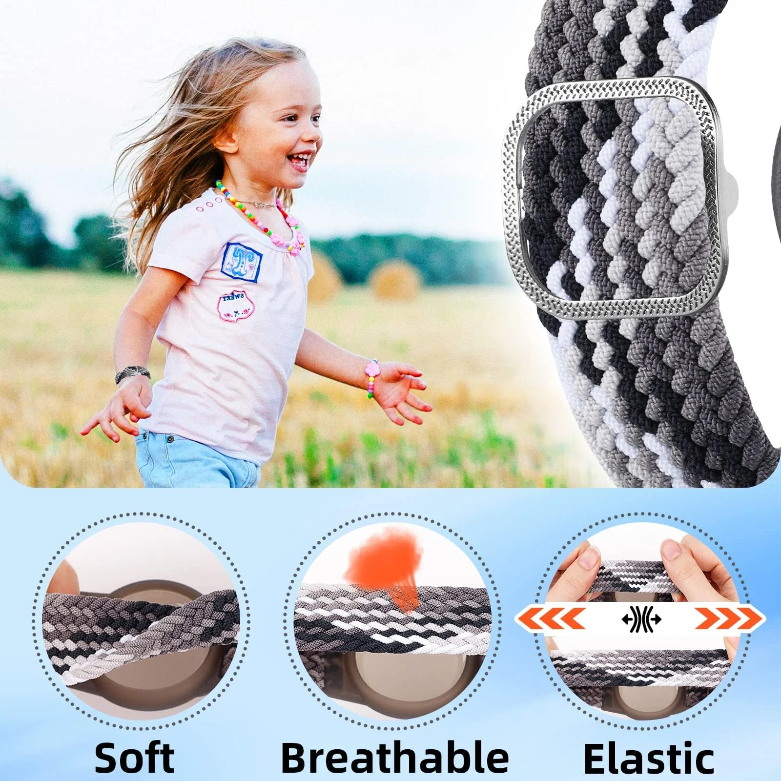 DL3 Mobilak Bracelet for Kids Compatible with AirTag, Nylon Stretch Braided Air Tag Wristband, Protective Case for Airtag GPS Tracker Holder, Adjustable Elastic Watch Strap for Toddler Child Elde - Colorful Black