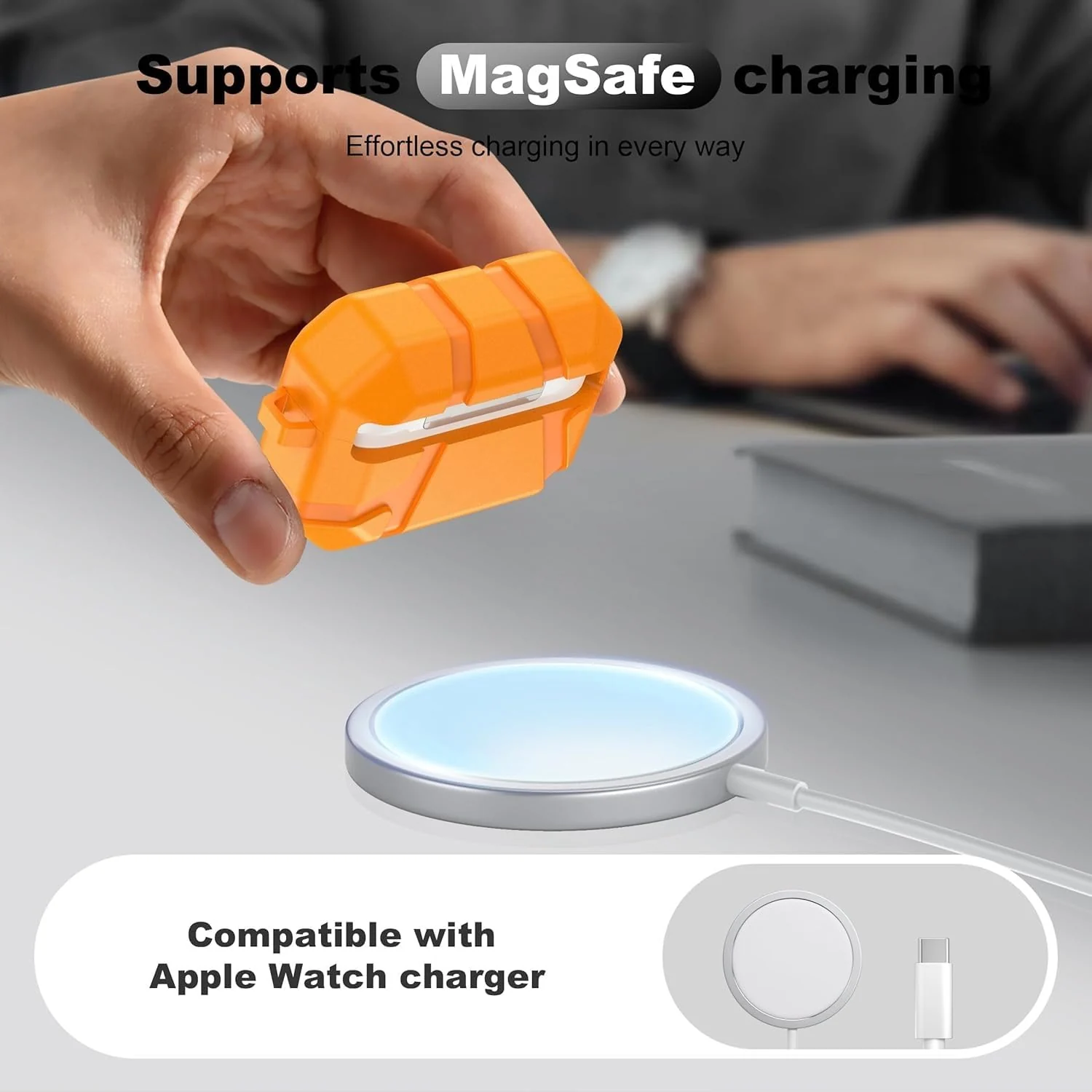 DL3 Mobilak AirPods Pro 3 (2025) Case, Shockproof Silicone Protective Case for Apple AirPods Pro 3 (2025) Generation, Hard Shell Design, Anti-Scratch, Front LED Light with Carabiner - Orange