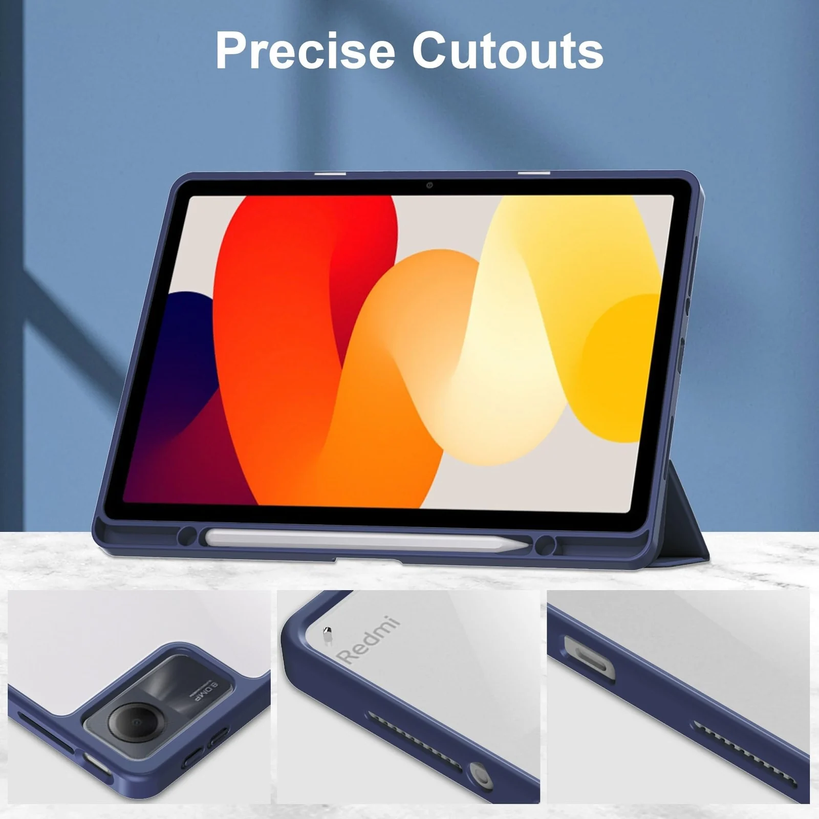 DL3 Mobilak Xiaomi Redmi Pad SE 11 inch Tablet 2023 Case with Pen Holder, Soft TPU Back Trifold Stand Protective Smart Cover Flip, Auto Wake & Sleep - Dark Blue