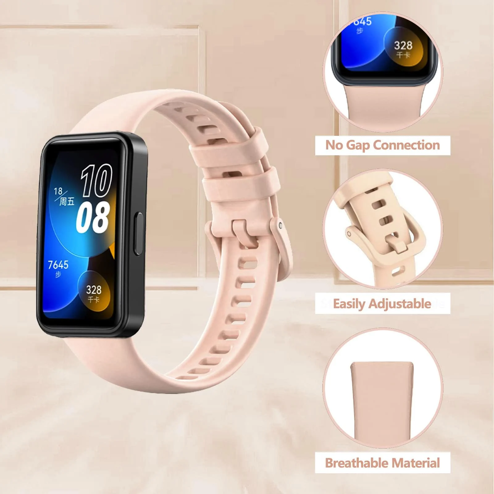DL3 Mobilak Silicone Bracelet for Huawei Band 9/8, Soft Sport Replacement Strap, Adjustable Waterproof for Women/Men - Pink