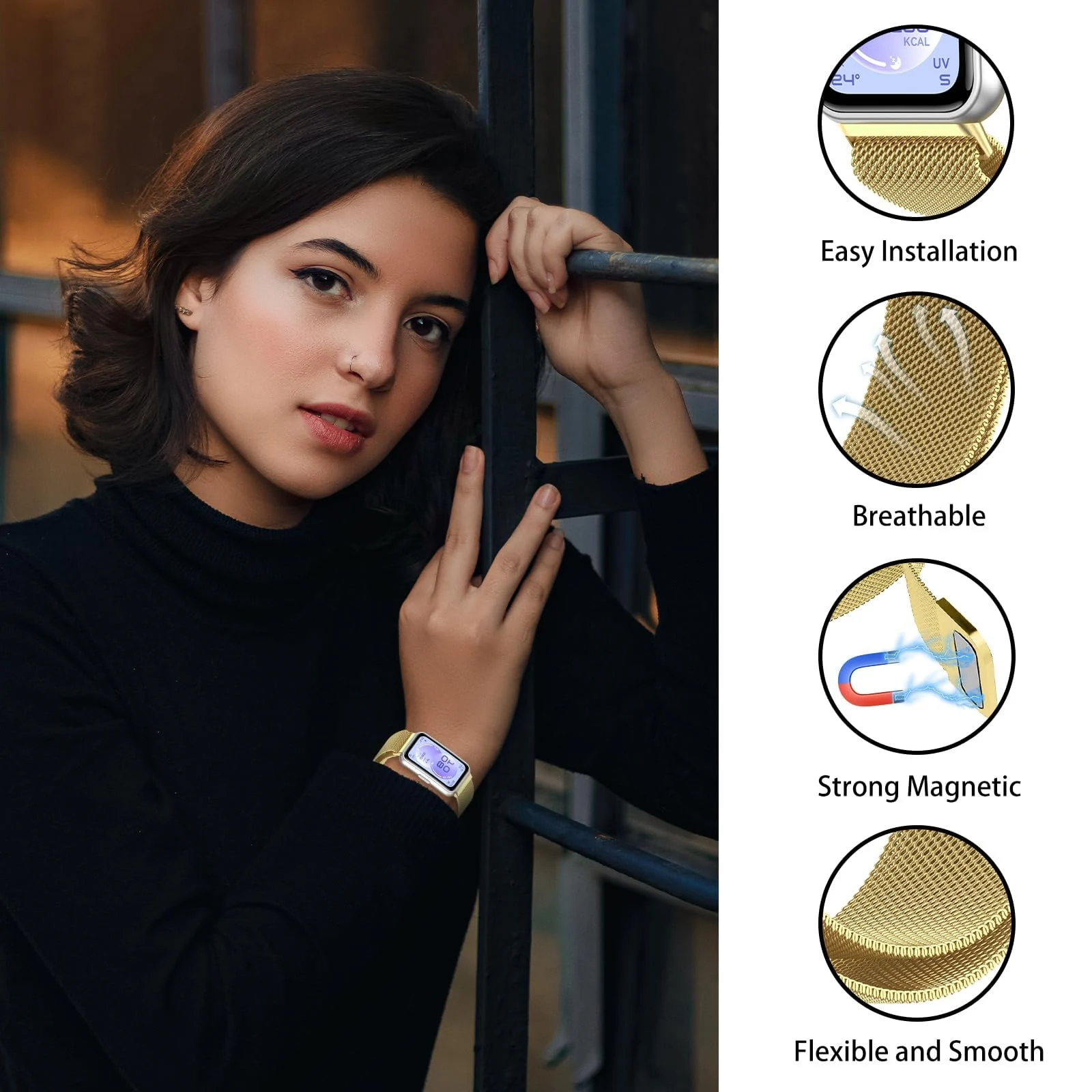 MOBIGON Magnetic Stainless Steel Watch Strap for Huawei Band 11 / 11 Pro, Gold
