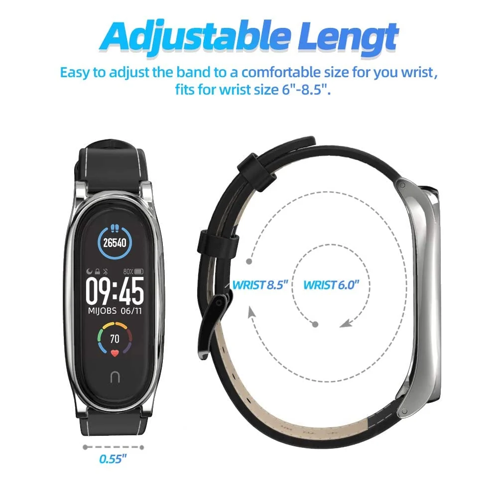 DL3 Mobilak Strap for Mi Band 6, Mi band 5, Mi Band 4, Mi Band 3 Genuine Leather Replacement Strap Watch Wrist Band Smart Bracelet Accessories for Xiaomi Mi 6 5 4 3 Fit Band - Black