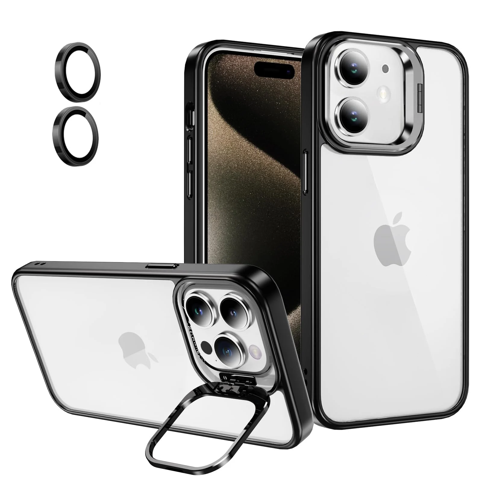 DL3 Mobilak Clear PC and TPU Case with Camera Ring Kickstand and Lens Protector for iPhone 11 - Black