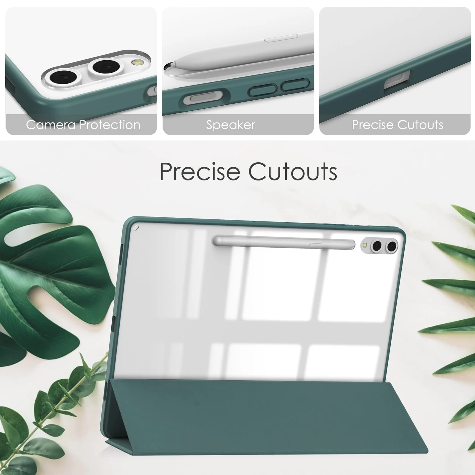 DL3 Mobilak Case for Samsung Galaxy Tab S10 Plus/Tab S9 Plus 12.4-Inch with S Pen Holder, Clear Transparent PC Back, Shockproof Tri-Fold Stand Tablet Cover, Auto Wake/Sleep - Green