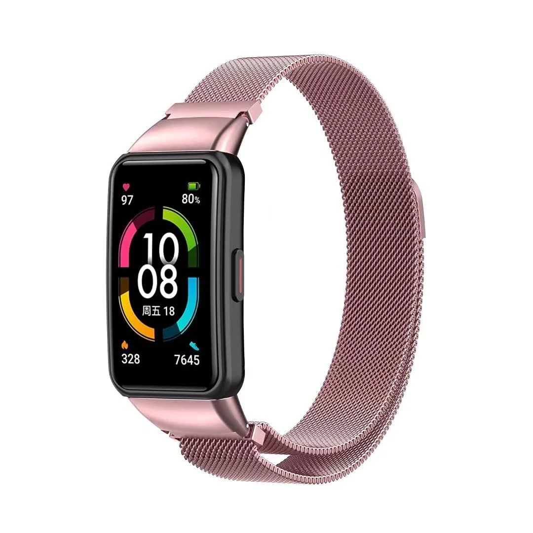 DL3 Mobilak Strap for Honor Band 6/Huawei Band 6/Huawei Band 6 Pro, Metal Woven Stainless Steel Magnetic Replacement Strap, Classic Adjustable Watch Strap For Honor Band 6 Bracelets - Pink