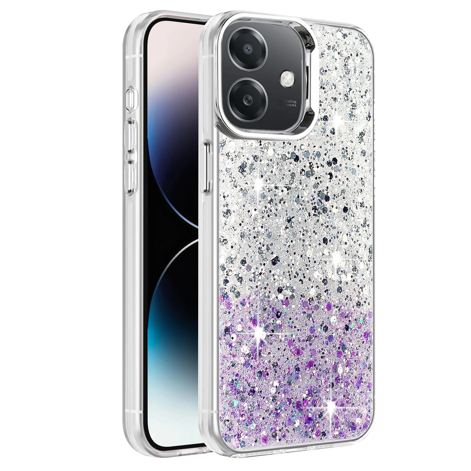 DL3 Mobilak Glitter Protective Case for OPPO A3 / OPPO A3X, Supports wireless charging, Camera protection, Shock-absorbing protection - White Purple