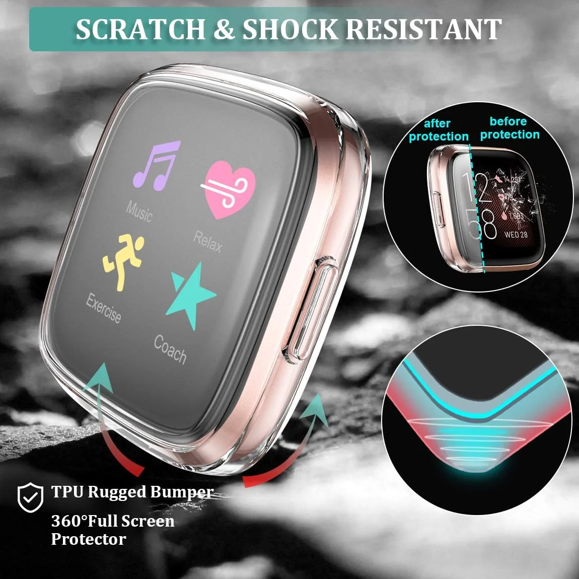DL3 Mobilak Case Compatible with Fitbit Versa 2 Case All-Around with Built-in Screen Protector Watch Soft TPU Shockproof Cover Slim Guard Thin Bumper Shell Protector For Versa 2 - Clear