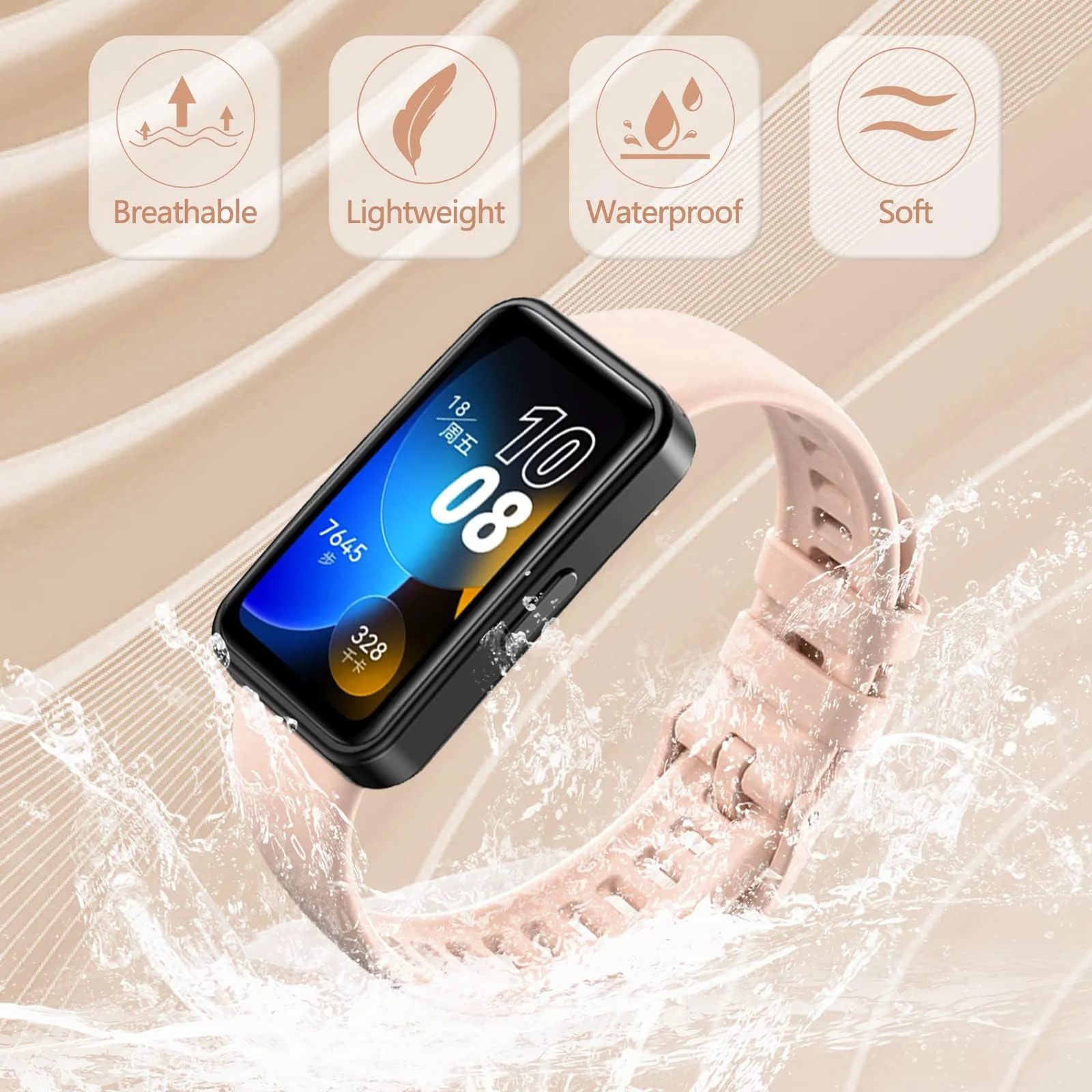 DL3 Mobilak Silicone Bracelet for Huawei Band 9/8, Soft Sport Replacement Strap, Adjustable Waterproof for Women/Men - Pink