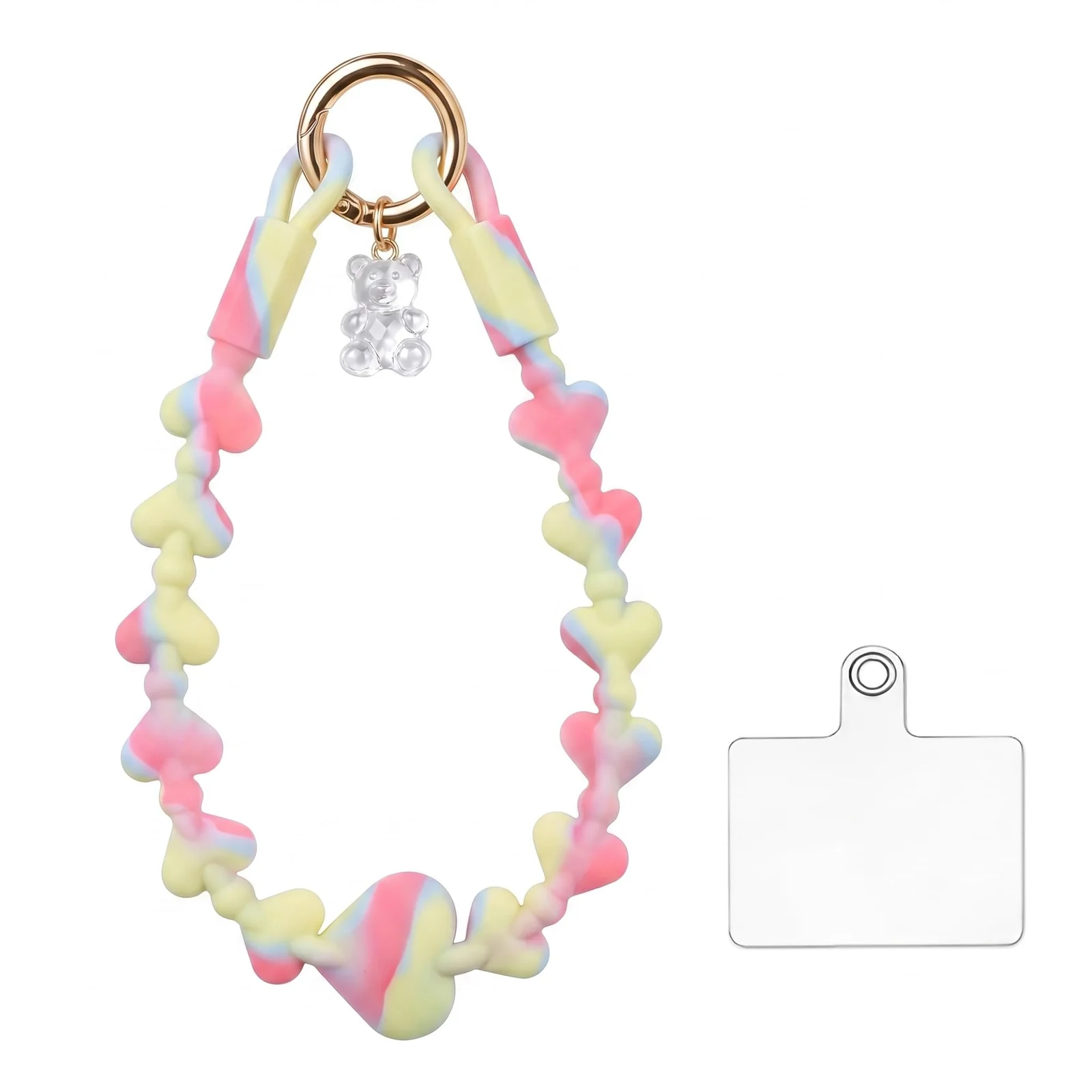 DL3 Mobilak Silicone Crystal Lanyard, 30cm Phone Wrist Strap Lanyard Keychain Office Wrist Strap with Clasp and Bear for Women Phone ID Card, Keys Strap - Yellow/Pink