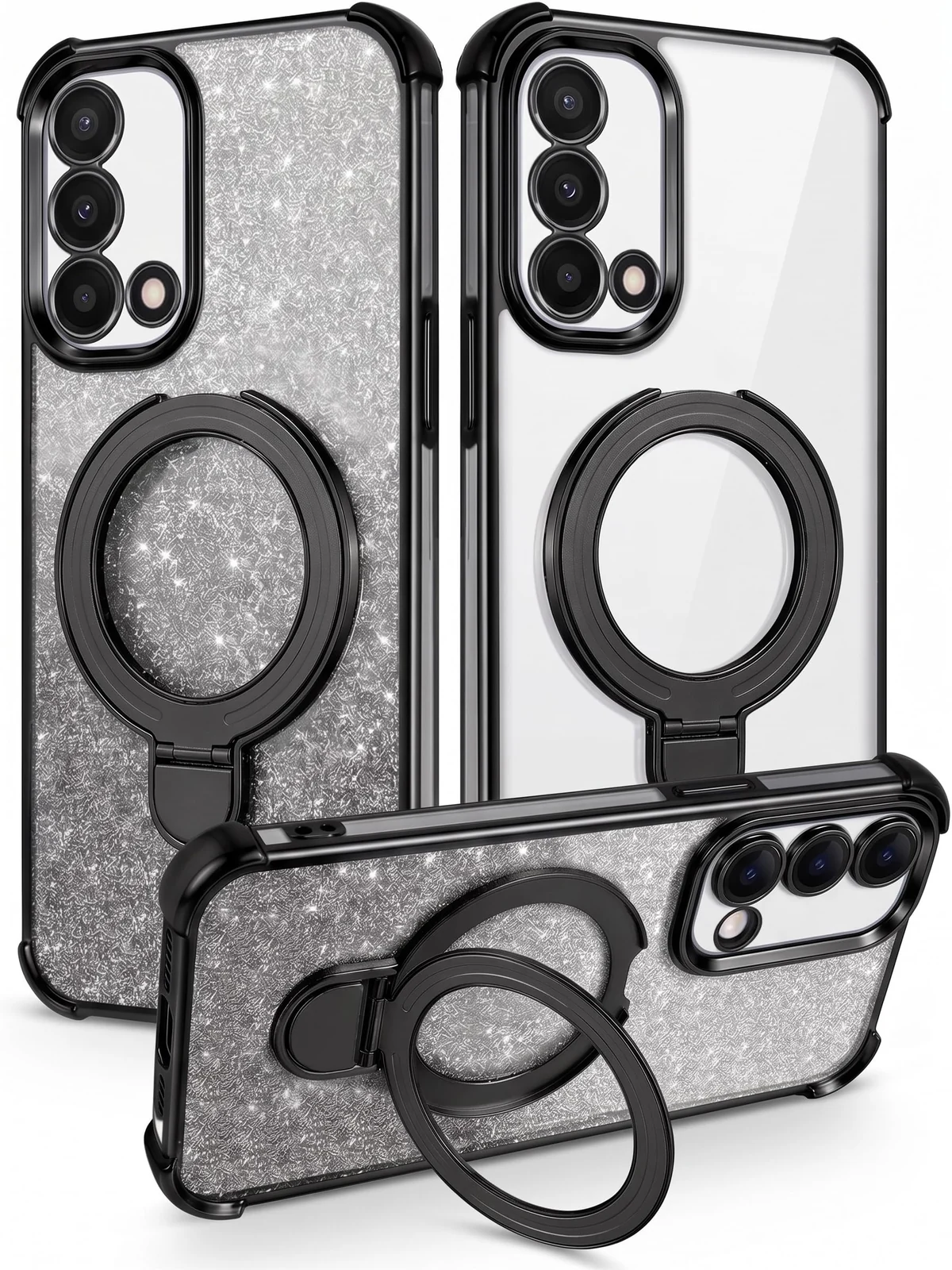 Mobigon Glitter Phone Case Compatible with OPPO A74 4G/A95 4G/F19, Magnetic Ring Stand Shockproof Cover, Clear Soft TPU Bumper with Full Camera Protection - Black