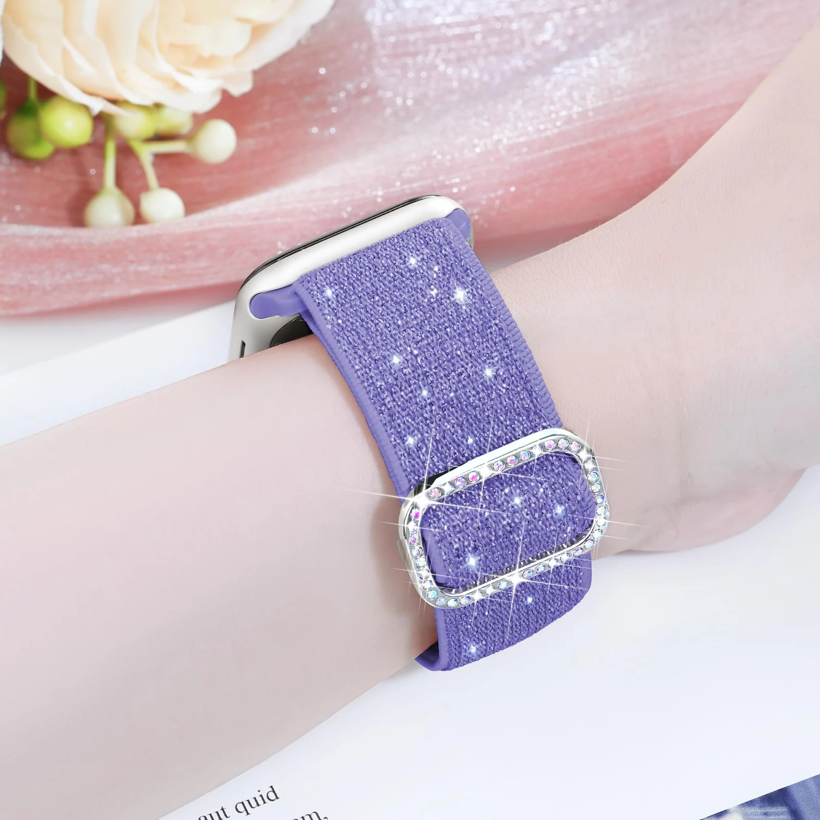 DL3 Mobilak Stretchy Bling Band For Apple Watch 49mm 46mm 45mm 44mm 42mm Women, Nylon Sparkly Strap Solo Loop Glitter Wristband for iWatch Series 11 10 9 8 7 6 5 4 SE3 SE2 SE Ultra 3 2 1 - Light Purple
