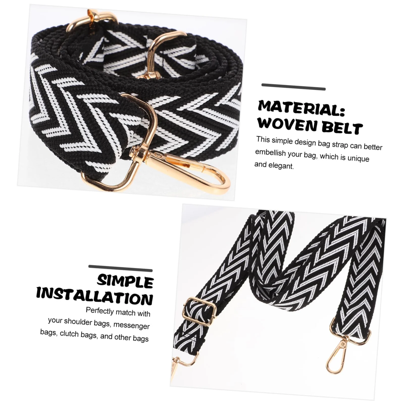 DL3 Mobilak Adjustable Wide Crossbody Bag Strap for Women, Replacement Shoulder Strap for Handbags, Totes & Purses with Elegant Embroidered Pattern and Metal Hooks - Black-White