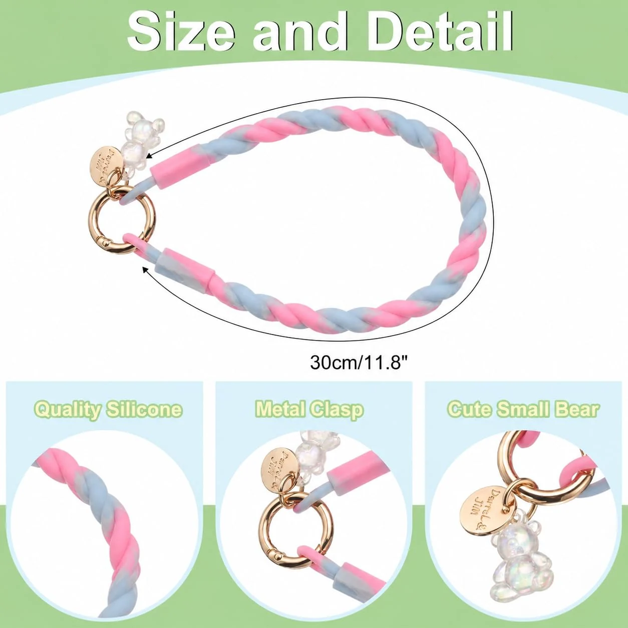 DL3 Mobilak Silicone Crystal Lanyard, 30cm Phone Wrist Strap Lanyard Keychain Office Wrist Strap with Clasp and Bear for Women Phone ID Card, Keys Strap - Gray/Pink