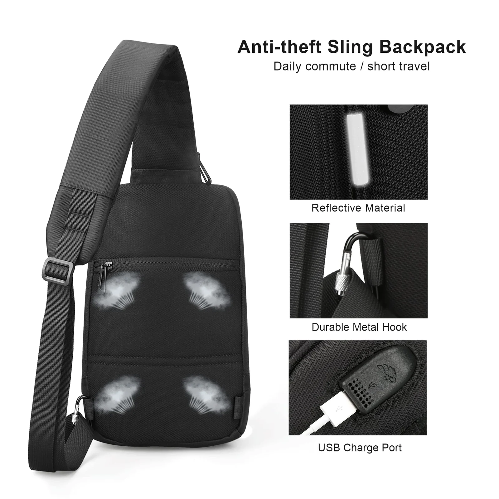 Mobigon Mini Sling Bag Hiking Daypack for Men with USB Port, Fits 9.7” iPad, Waterproof Little Crossbody Travel Shoulder Bag, Small Anti-Theft Backpack for Camping, Traveling, Commuting - Black