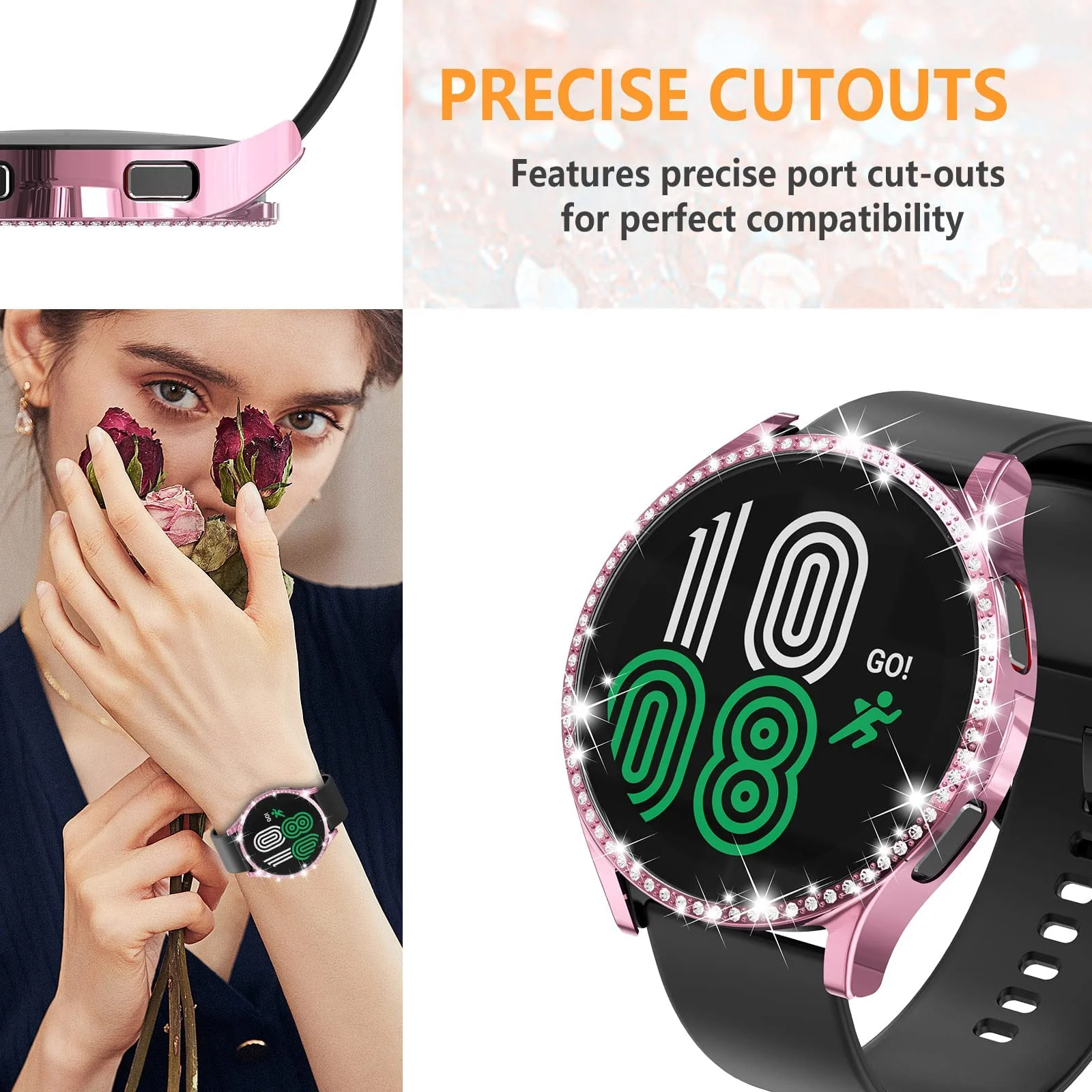 DL3 Mobilak Bumper Diamond Case Compatible with Samsung Galaxy Watch 4 Classic 46mm, Bling Crystal Diamonds PC Plastic Protector Case Cover Frame For Galaxy Watch4 Classic 46 MM - Pink