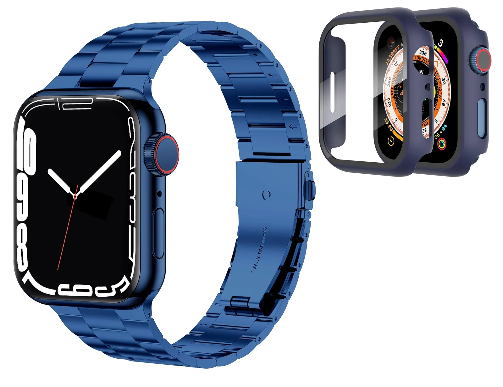 DL3 Mobilak Stainless Steel Band with Case Compatible with Apple Watch Band 45mm Series 9/8/7, Men Woman Business Strap with Protective Bumper Cover for iWatch Series 7/8/9 45mm - Blue