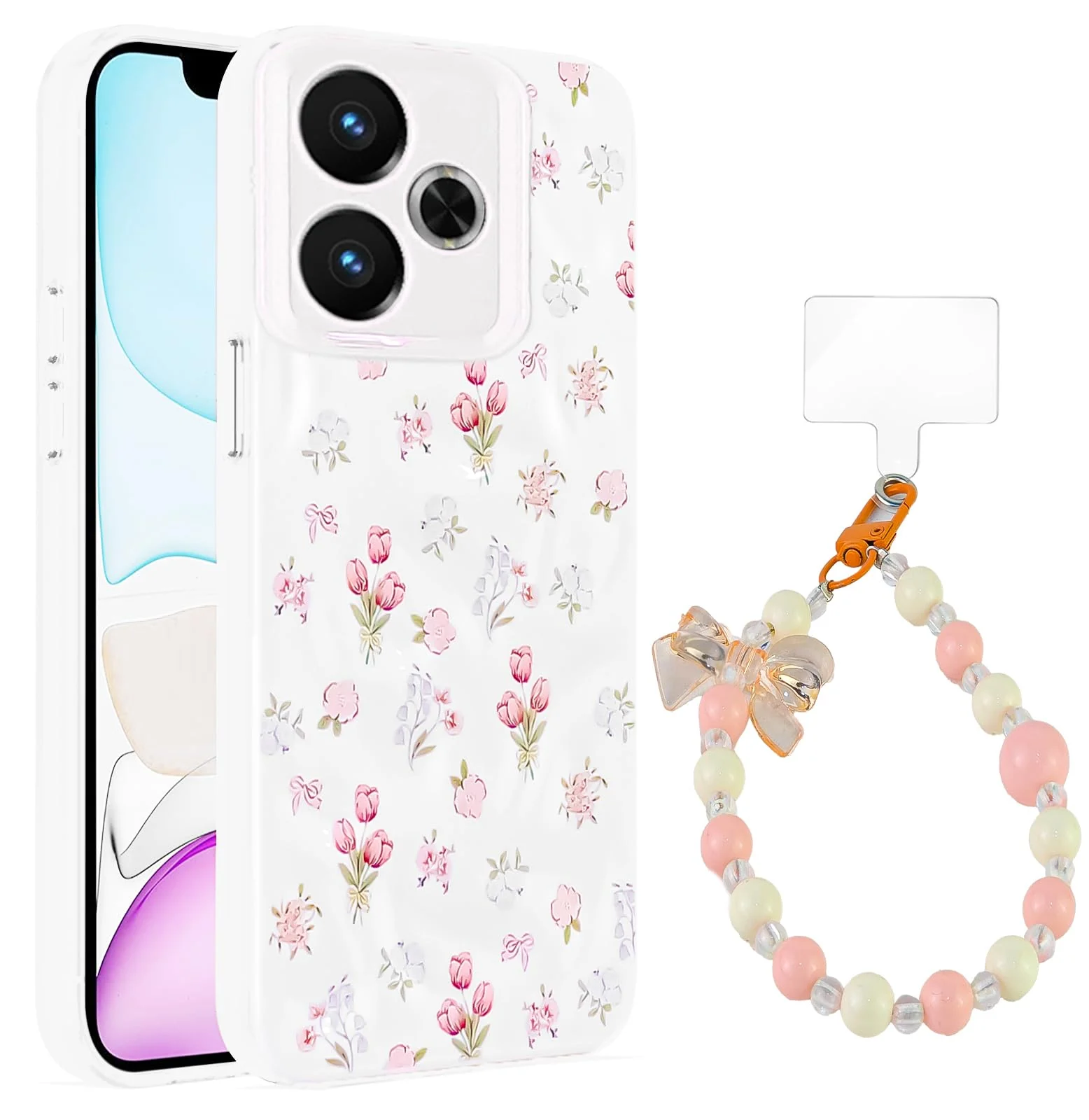Dl3 Mobilak Case Compatible with Xiaomi Redmi 13 4G/5G/Poco M6,Cute Printed Soft TPU Phone Cover with Beaded Wrist Strap, Shockproof Camera Protection, Slim Protective Case for Women & Girls - Style 1