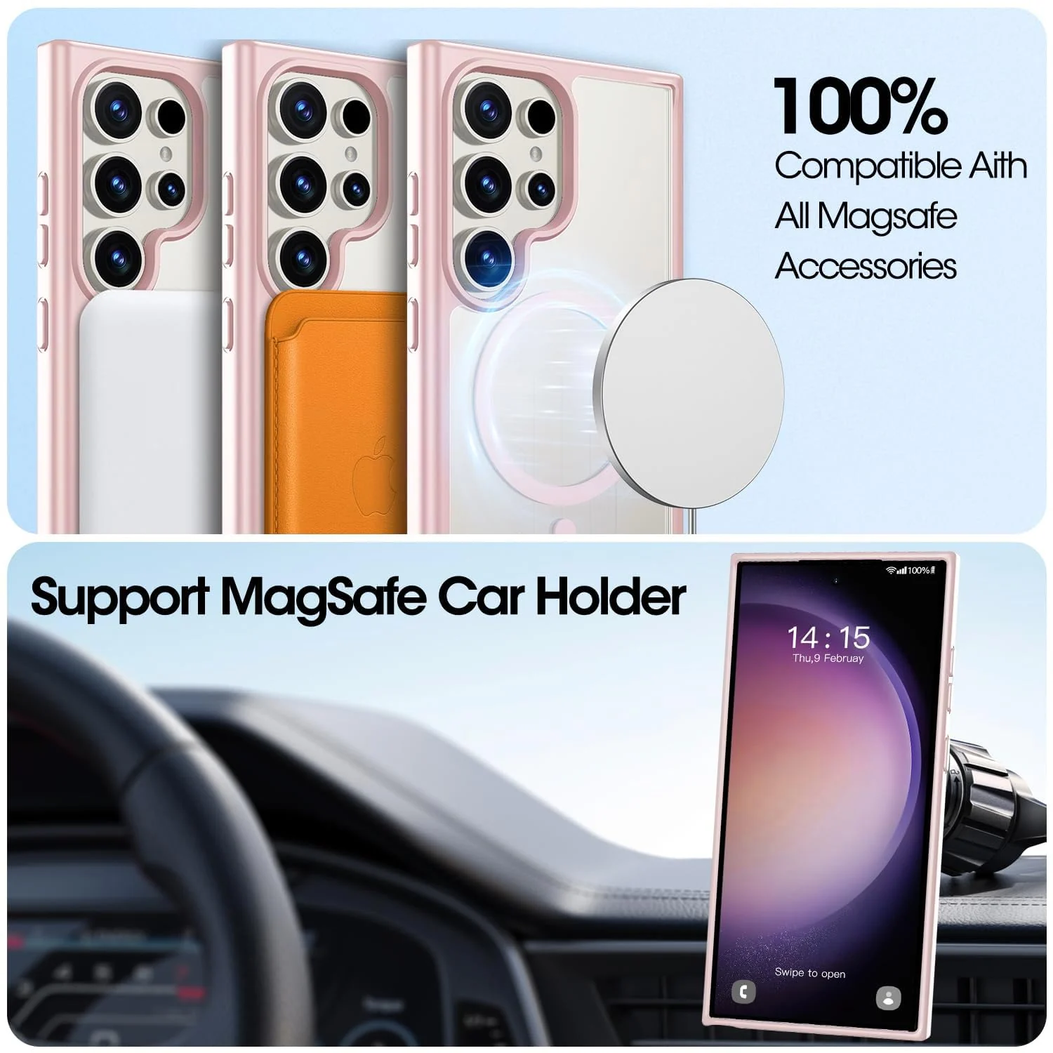 DL3 Mobilak Magnetic Case for Samsung Galaxy S24 Ultra [Compatible with MagSafe] [Shockproof Military Grade], Transparent Back Slim Bumper Cover Phone Case Samsung S24 Ultra - Pink